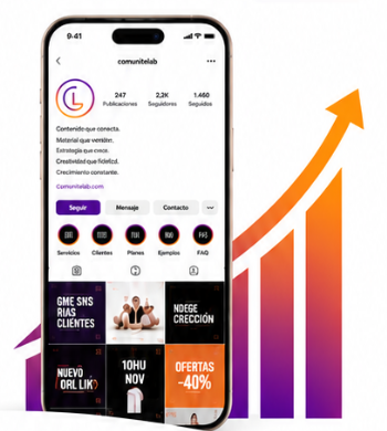 Teléfono con el perfil de ComuniteLab y gráfico de crecimiento